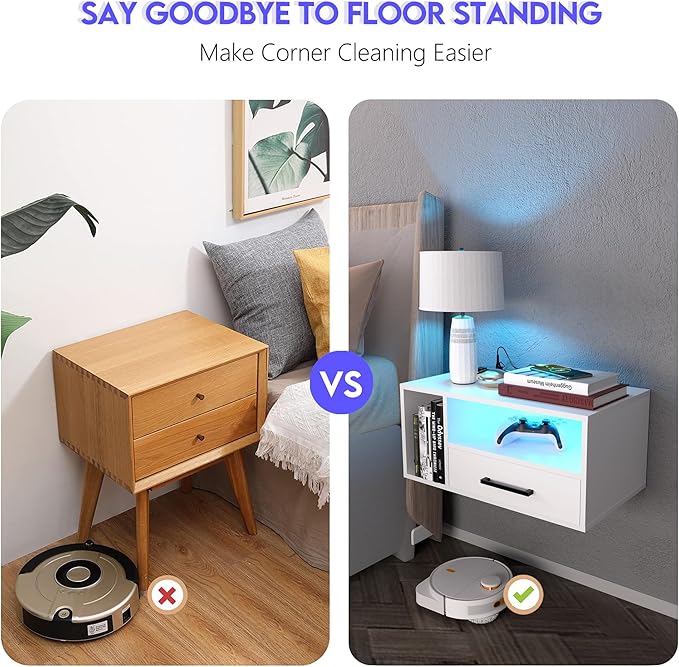 Homaterial Floating Nightstand with Charging Station and LED Lights, Floating Bedside Table with Drawers Wall Mounted Nightstands,for Bedroom Room, 21.3" x 11.8" x 10",White