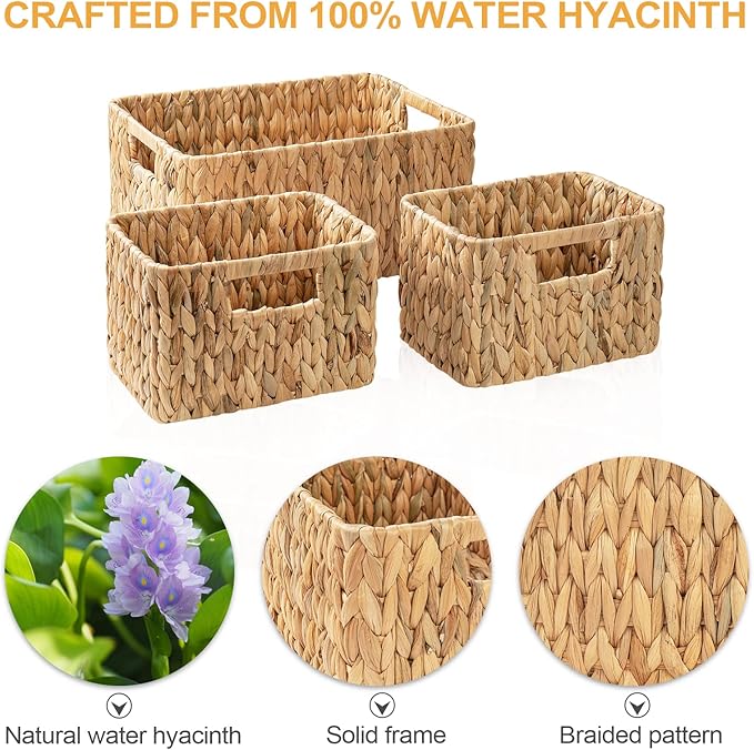 ELONG HOME Wicker Storage Basket, 3 Pack Hand-Knitted Wicker Baskets, Water Hyacinth Storage Baskets with Built-in Handles