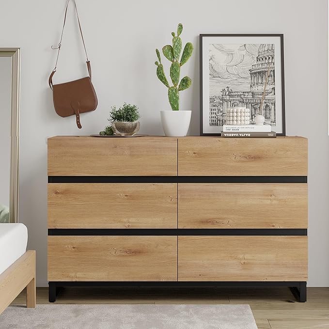 WAMPAT Dresser for Bedroom, Modern Wood Dresser with 6 Drawers, Chest of Drawers with Metal Base, Closet Organizers for Living Room, Entryway, Oak