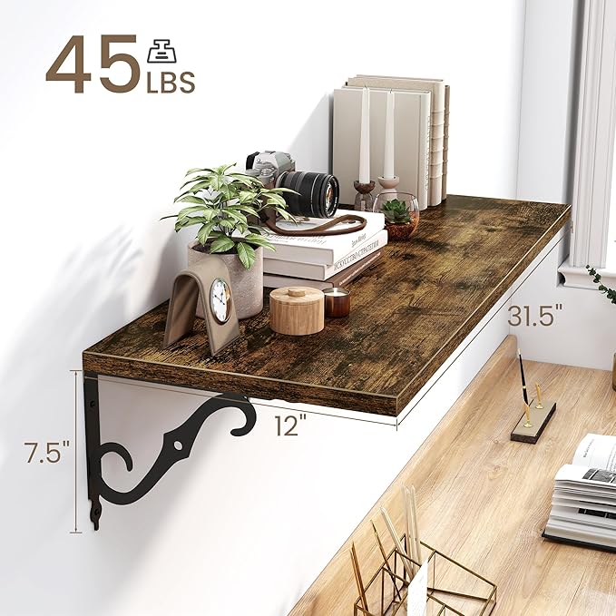 Deep Floating Shelves for Wall, 32"W x 12"D Wall Shelves, 12 Inch Deep Floating Shelf with Bracket, 32 Inch Floating Shelf Set of 2, Rustic Shelves for Living Room, Bathroom and Kitchen, Rustic Brown