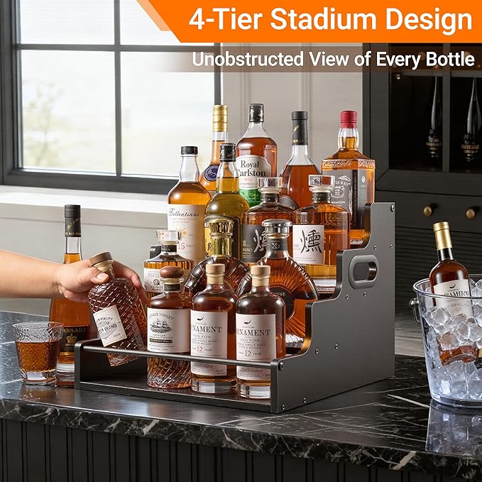 2 Pack 4-Tier Liquor Bottle Display Shelf, 16-Inch Wooden Bar Shelves for Liquor Bottles, Countertop Whiskey Shelf and Bourbon Shelf Organizer for Home Bar, Kitchen（Black）