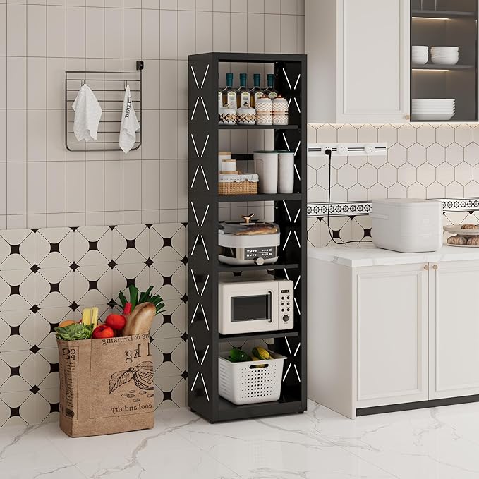 Narrow Bookshelf,5 Tier Bookcase,55" Black Metal Small Bookshelf with Adjustable Feet and Adjustable Shelves,Home Office Bookcase Shelf Storage Organizer for Living Room、Kitchen