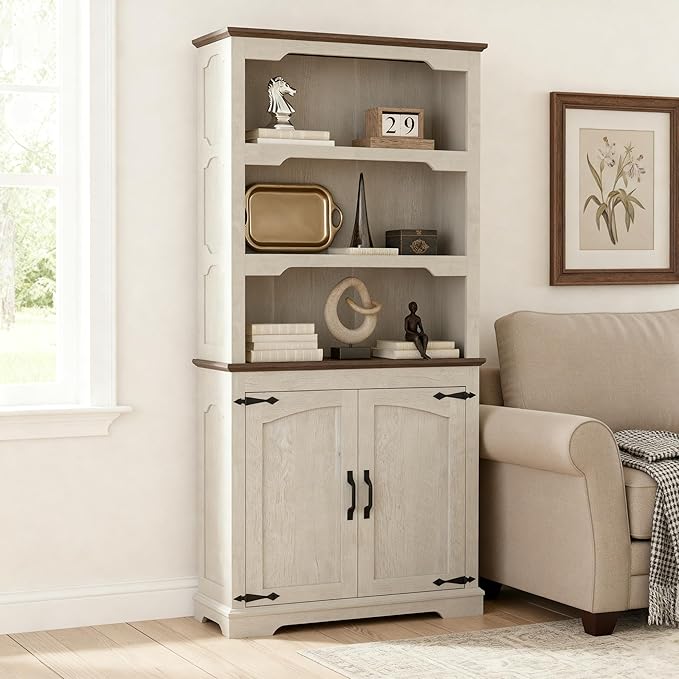 70 Inch Farmhouse Bookcase, Distressed White and Walnut Two-Tone Shelves, 5 Tier Bookshelf with Arched Trim Doors, Living Room Storage Cabinet Unit, 31.5x11.8 Inches (Off White&Walnut, Doors Storage)