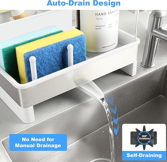 Kitchen Sink Caddy Organizer with Dish Brush Holder, Stainless Steel Sponge Holder with Dish Cloth Rack, Soap Sponge Caddy for Kitchen Countertop Sink Organizer and Storage Essentials