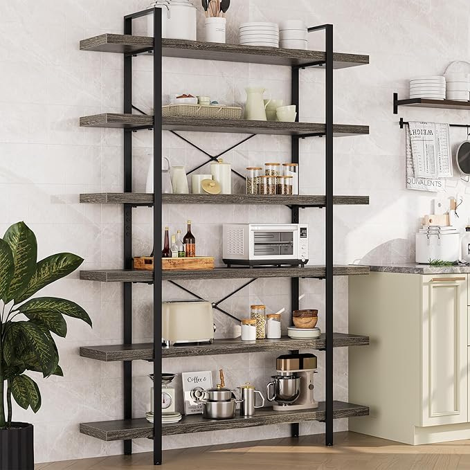 Bookshelf Set, Heavy Duty 6-Tier Industrial Bookcase, 47" Wide Wood Bookshelf for Home Office, 120lbs Shelf Capacity, Rustic Open Display with Horizontal Shelf for Living Room Bedroom, Grey