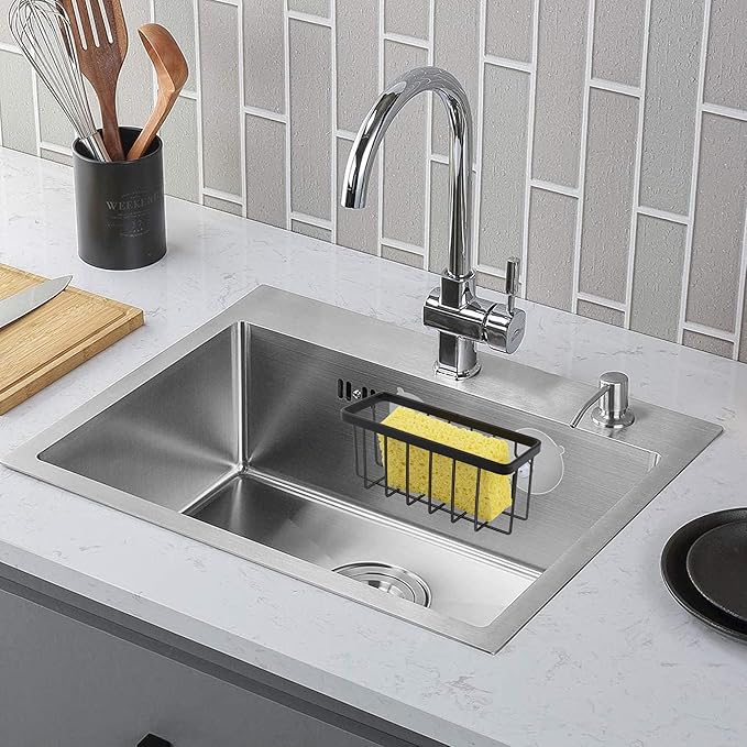 Sponge Holder for Kitchen Sink Suction,Stainless Steel Sponge Holder for Sponges, Scrubbers, Soap, Kitchen, Bathroom, Black
