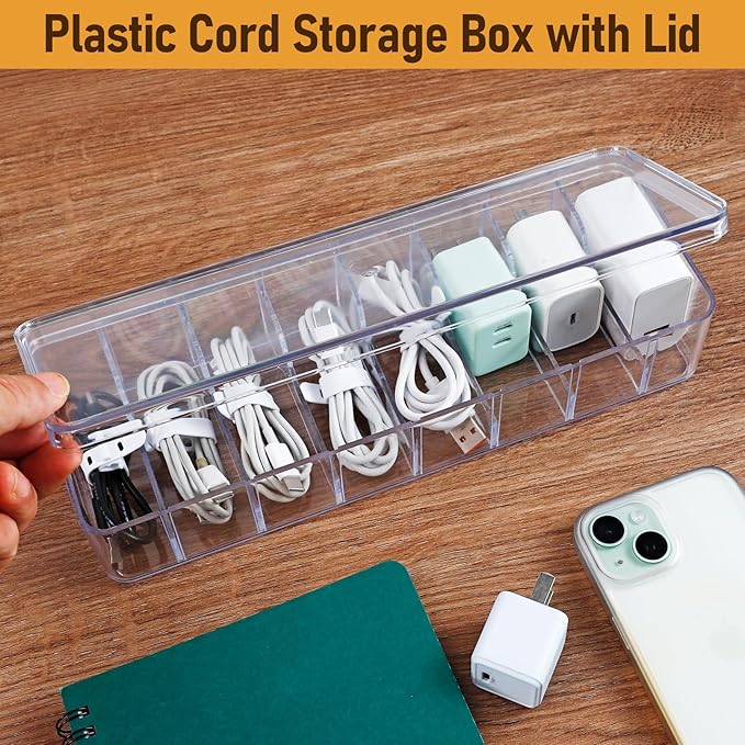 2 Pack Cable Organizer Box, Plastic Cord Storage Box with Lid, Clear Charging Cord Organizer with 8 Compartments and 20 Wire Ties, Charger Organizers for Home Office Drawer Desk Accessories