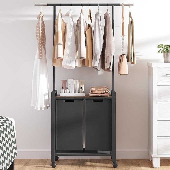 Laundry Sorter 2 Section Laundry Hamper Sorter with Clothes Hanging Rod and Wooden Storage Shelf 2 X 13gal Laundry Basket Organizer for Laundry Room Organization Storage Baskets, Black