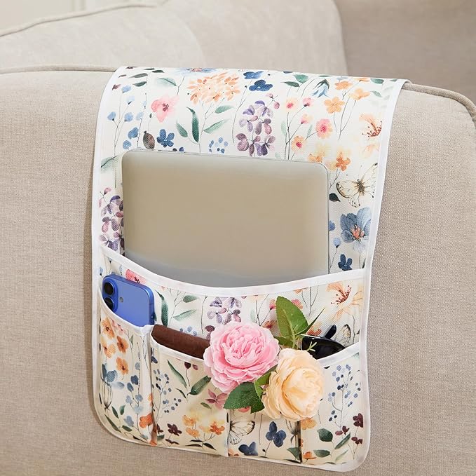 FLYILY Sofa Armrest Organizer Non-Slip Arm Chair Hanging Caddy Remote Control Holder for Magazine,Tablet, Phone, Books, Glasses(PurpleFlower,13in)