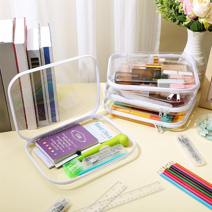Hoolerry 4 Pcs Hard Clear Zipper Case Makeup Bags Plastic Pencil Pouch Transparent Storage Box Containers for Cosmetics, Snacks, Building Blocks, Puzzles(White,9.8 x 7.9 x 2 in)