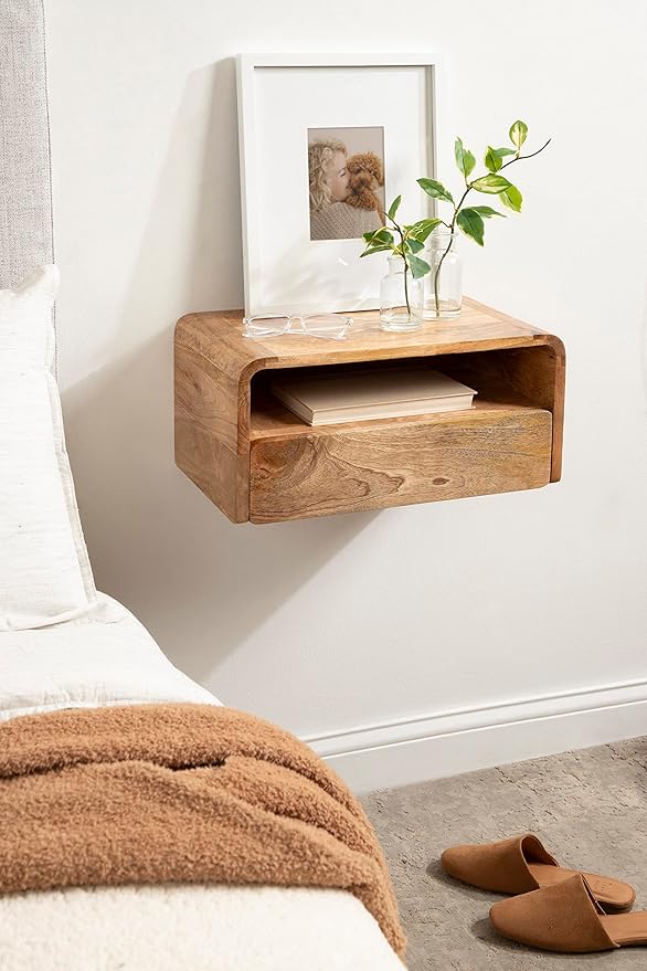 Kate and Laurel Kato Transitional Wood Floating Side Table with Drawer, 18 x 10 x 9, Natural Brown, Modern Wooden Floating Nightstand for Bedroom Bedside Table