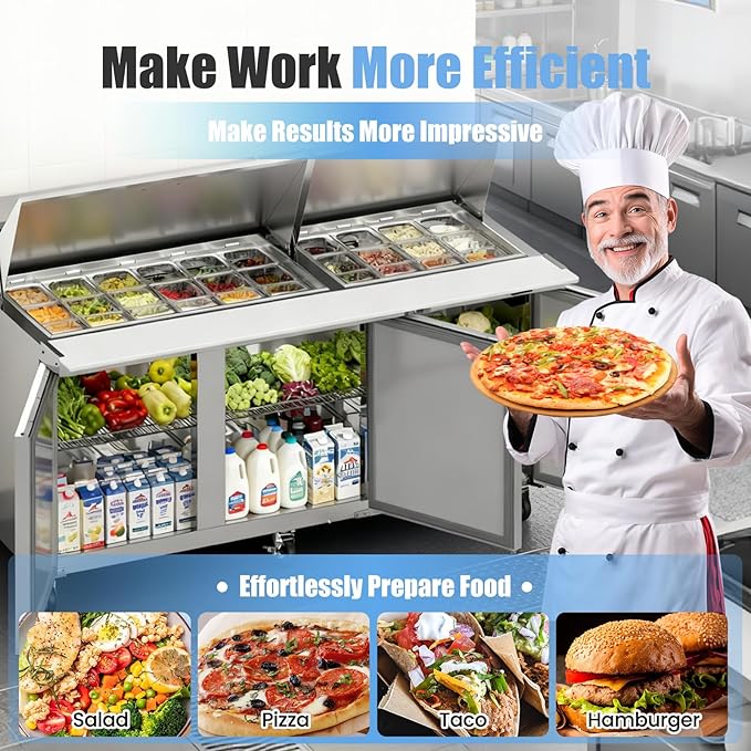 72" W Commercial Refrigerator Sandwich Salad Prep Table, Stainless Steel 3-Door Sandwich Prep Table Refrigerator, Counter Fan Cooling Refrigerator with 30 Pans for Restaurant, Bar