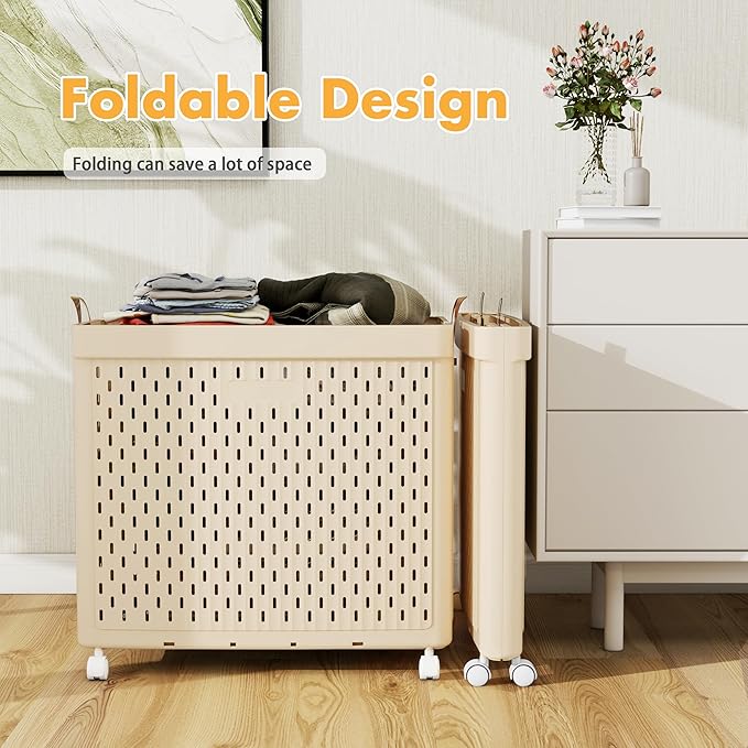 UAK Laundry Basket with Wheels, Collapsible Plastic Laundry Hamper with Handle, Foldable Laundry Basket Organizer for Laundry and Bathroom Ivory, XXXXL (110L)