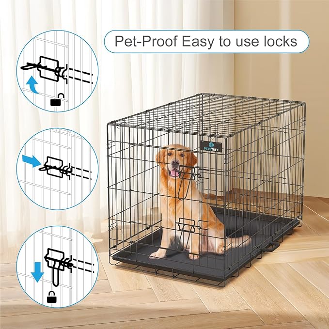 PetsTuff Great CRATES 36” Large Dog Crate - Heavy-Duty Dog Kennel with Divider Panel for Pets 40-60lbs - Durable Leaf-Proof Tray - Foldable, Carry Handle & Wheels for Easy Moving - Two-Door Dog Cage