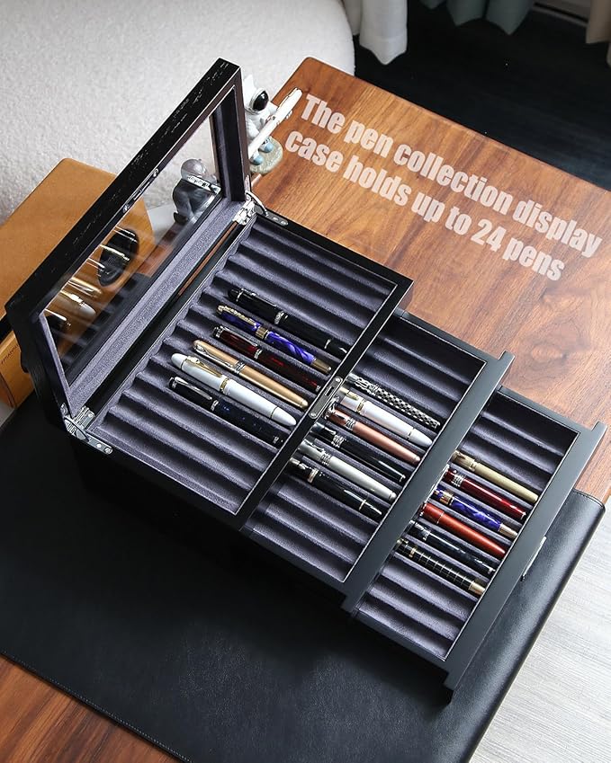 wood pen display case 36 slot Fountain pen Box storage Organizer with drawer, Top Glass Window Pen Collection Display Case