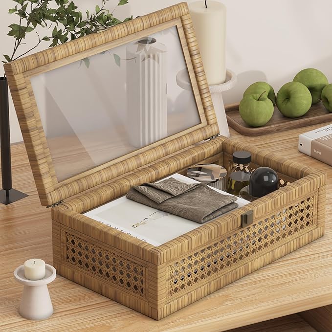 Rattan Decorative Box,Boho Display Boxes with Lids,Set of 2 Rectangular Wicker Storage Decoration,Natural Woven Cane Bins for Home Decor for Rustic Farmhouse(Natural)