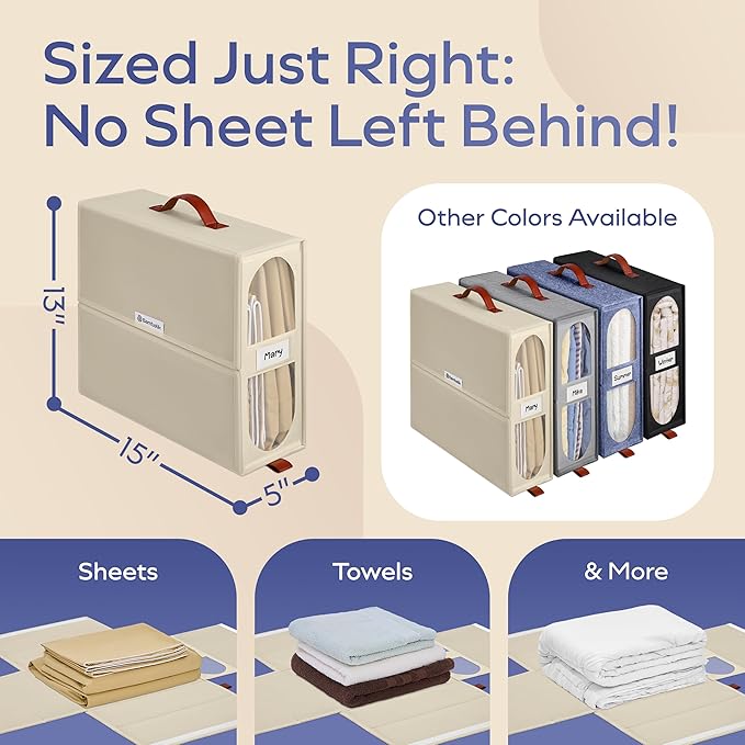 4x Bed Sheet Organizer Storage Boxes with Big See-Through Windows - Bedsheet Organizers Redesigned. Robust Bed Sheet Storage -15x13x5 in. Sheet Organizers Containers (Off-White)