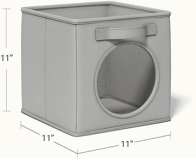 Vailando Foldable Fabric Storage Cube with Round Window - 4 Pack 11"x11"x11" Collapsible Closet Organizer Bins for Clothes, Shelves, Offices, Toys & Misc, Light Gray