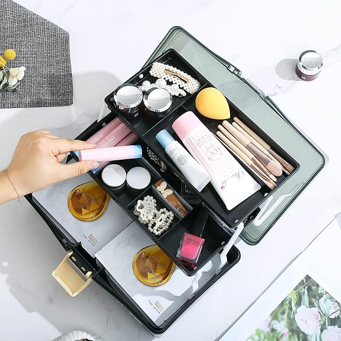 2PCS 12'' Three-Layer Clear Plastic Storage Box/Tool Box, Multipurpose Organizer and Portable Handled Storage Case for Art Craft and Cosmetic (Black)