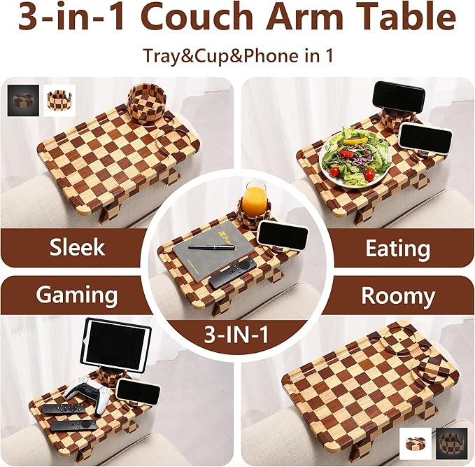 Couch Arm Table, Checkered Carbonized Rubber Wood Sofa Armrest Tray, 3-in-1 Clip-on Large Couch Cup Holder Tray with 360° Rotating Cup Holder & Phone Stand for Drinks, Snacks & Remote