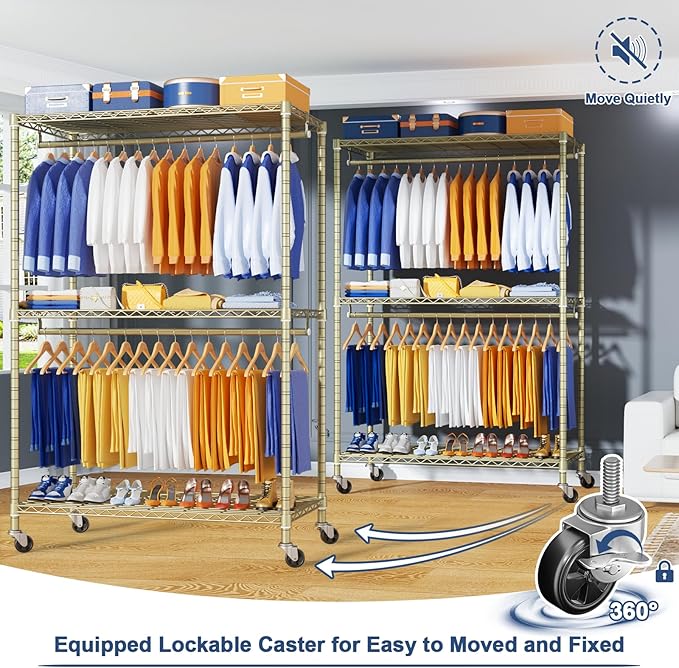 P8 Heavy Duty Clothes Rack（With Extended Width Design） Rolling Clothing Racks for Hanging Clothes，Portable Garment Rack with Lockable Wheels，51.2" W x 15.8" D x 80.5" H，Max Load 700LBS，Gold