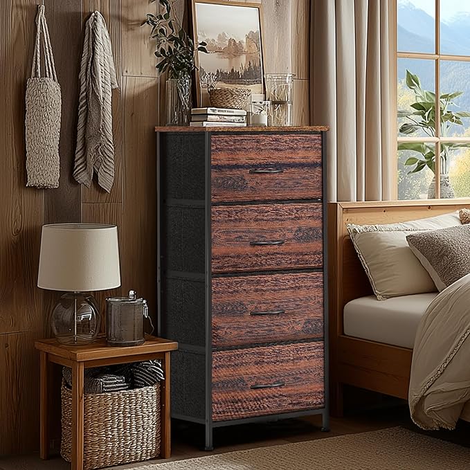 4 Fabric Drawer Dresser for Bedroom, Chest of Drawers with Waterproof Wood Top Tall Dresser for Hallway, Living Room, Kid Room (Rustic Brown)