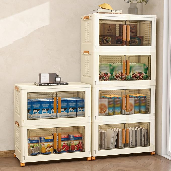 Plastic Stackable Storage Bins with 2 Lids and Wheels, Foldable Closet Organizers and Storage Containers, Collapsible Clear Drawer Storage Cabinet with Doors Ivory White 273.6 QT
