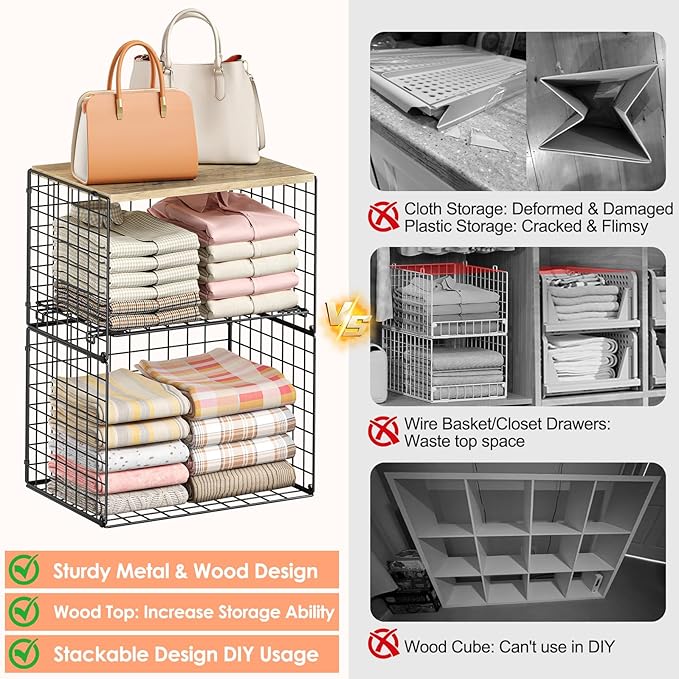 5-Tier Large Stackable Closet Organizer and Storage Basket, Sturdy Closet Shelf Organizer with Wood Top, Stackable Storage Bins Cubes for Clothes with Adjustable Shelf for Wardrobe Organization