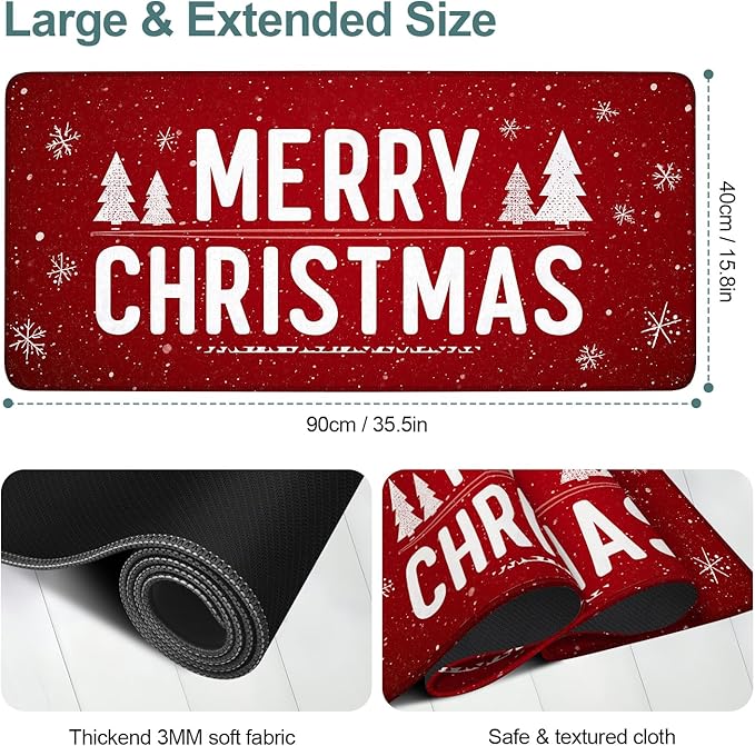 Merry Christmas Gaming Mouse Pad 35.4"x15.7"Desk Mat Anti-Slip Rubber Base & Durable Stitched Edges for Gamers Smooth Mouse Writing Surface for Desk Office/Home
