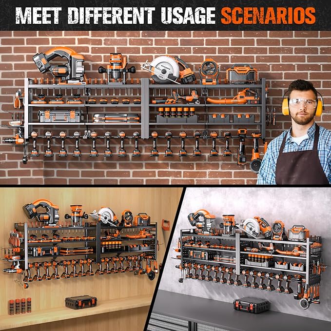 66" W Super Large Power Tool Organizer Wall Mount,Heavy Duty Cordless Tool Organizer with 18 Drill Holder,600 Lbs Capacity 4-Layer Garage Organization for Garage and Workshop (Black)