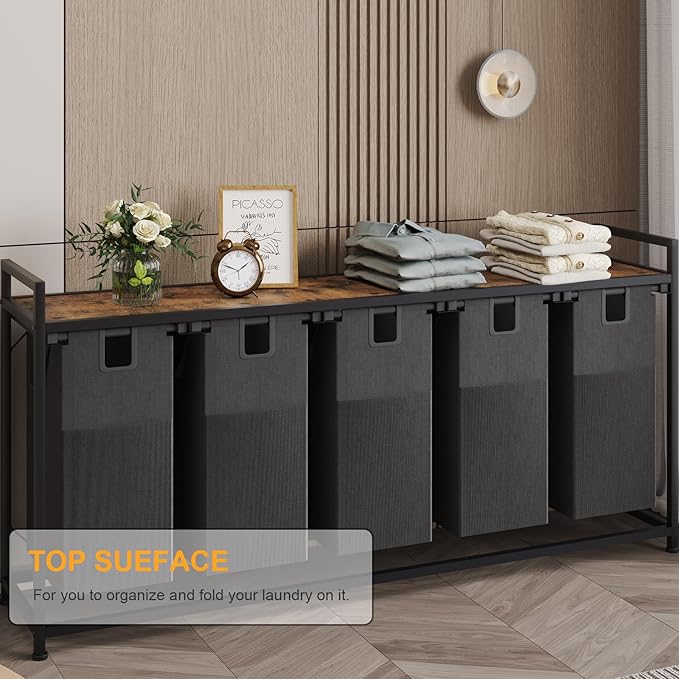 Laundry Basket Five Laundry Hamper with Removable Bags, Fabric Handles, Large Top Shelf and Laundry Bag for Bathroom, Dorm, Laundry Room