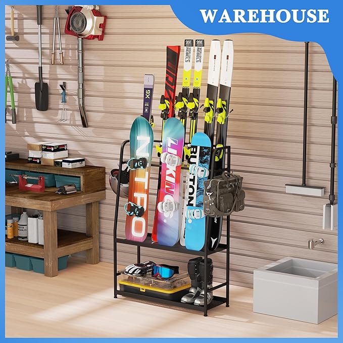Ski Rack for Garage,Freestanding Snowboard Rack for Ski,Snowboard, Ski Boot, Ski Poles, Goggles, Helmet and More, Heavy Duty Steel Floor Stand Ski Organizer for Garage Basement