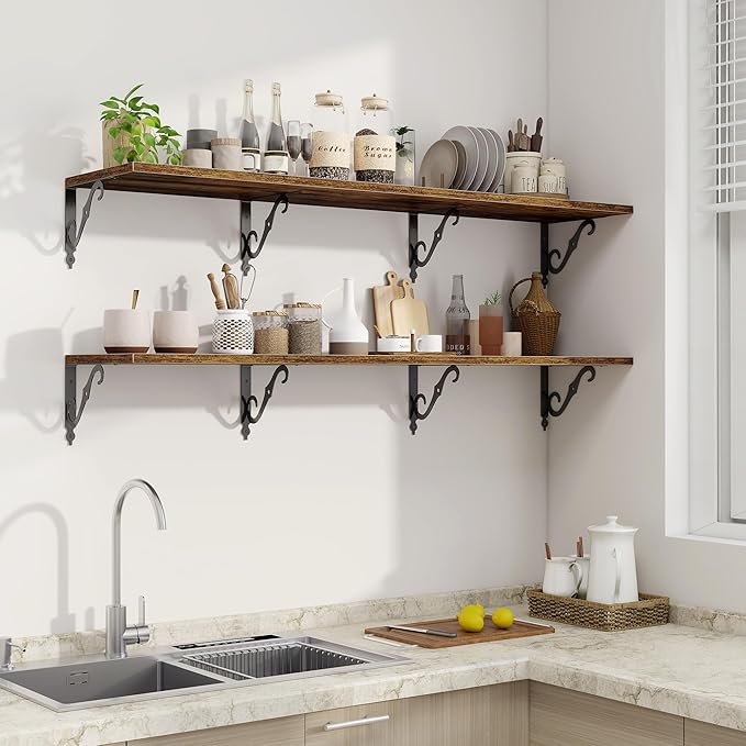 Fun Memories 55 Inch Floating Shelves, Long Floating Shelves Wall-Mounted, 12 Inch Deep Bookshelf with Bracket, 55" W x 12" D Shelves for Wall Display & Storage, Rustic Brown, Set of 2