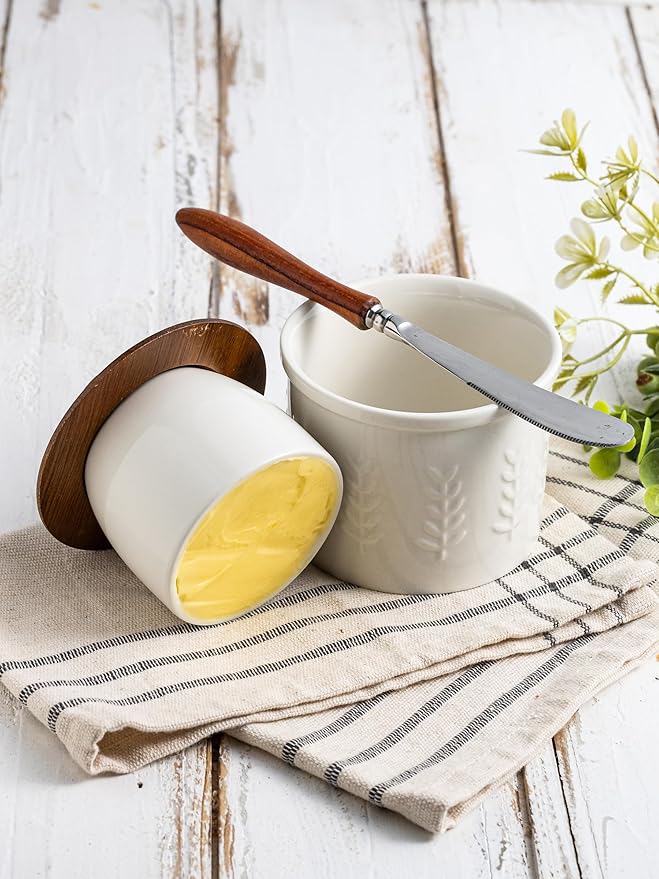 Butter Crock, Ceramic Butter Dish with Lid for Countertop, French Butter Keeper, Elegant Embossed Pattern, White