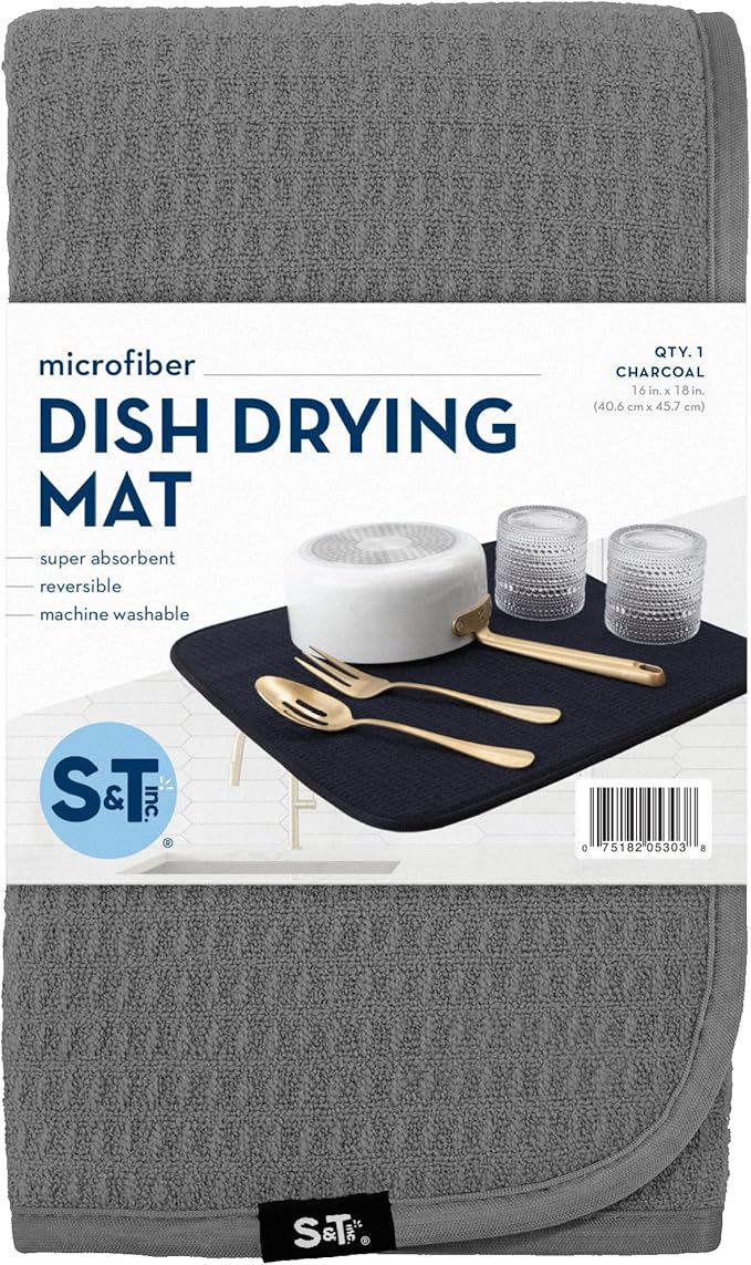 S&T INC. Dish Drying Mat 2 Pack, 16” x 18”, Absorbent Microfiber Kitchen Counter Mat, Dish Drying Pad for Dishes, Utensils, Pots and Pans, Large, Charcoal Grey