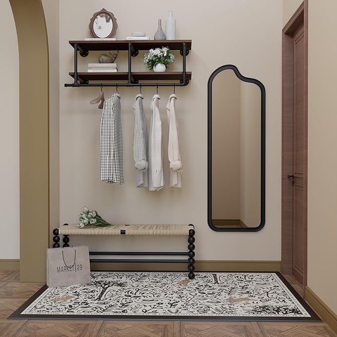 Wall Mounted Clothes Rack 12 Inch Deep, 42 Inch Heavy Duty Garment Rack with Real Walnut Wood Shelf, Multi-Purpose Hanging Rod & Space-Saving Closet Storage Organizer