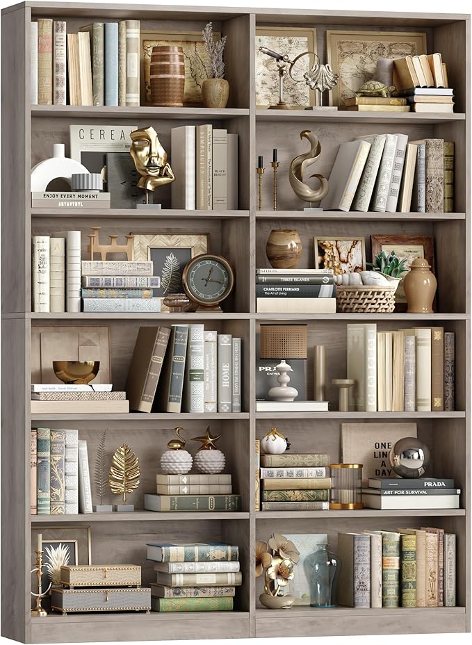 FACBOTALL Bookshelf and Bookcase, 6-Tier Double Wide Bookshelves, Freestanding Display Storage Shelves, Tall Bookcases for Home Decor Bedroom, Living Room, Home Office, Wash Gray