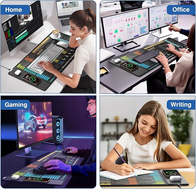 Wireless Charging Mouse Pad with Excel Formulas Shortcuts, 31.5"x15.8" Extra Large Office Spreadsheet Cheat Sheet Desk Mat, Waterproof Ultra-Smooth Surface, Non-Slip Base