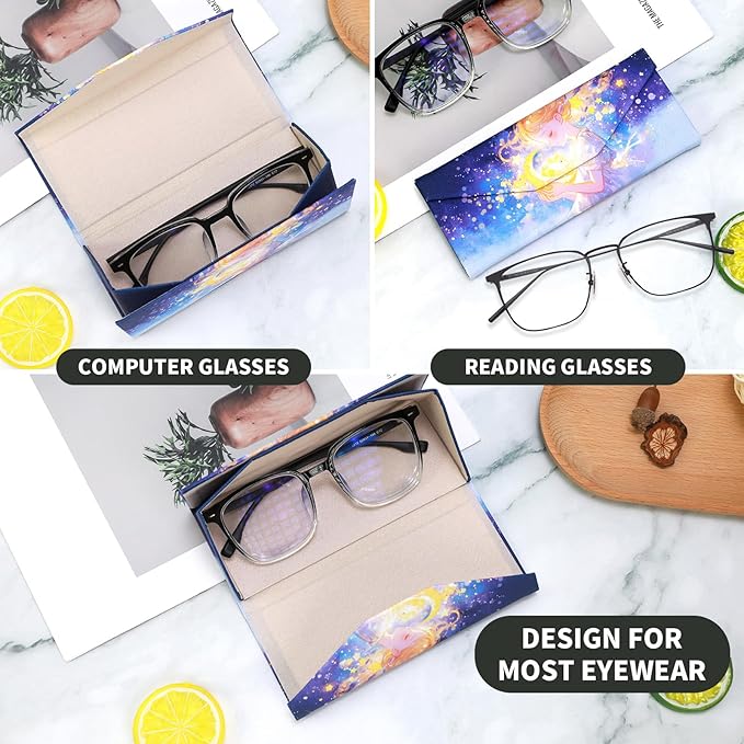 Foldable Glasses Case, Magnetic PU Leahter Sunglasses Case, Cute Hard Shell Folding Eyeglass Cases for Women Kids