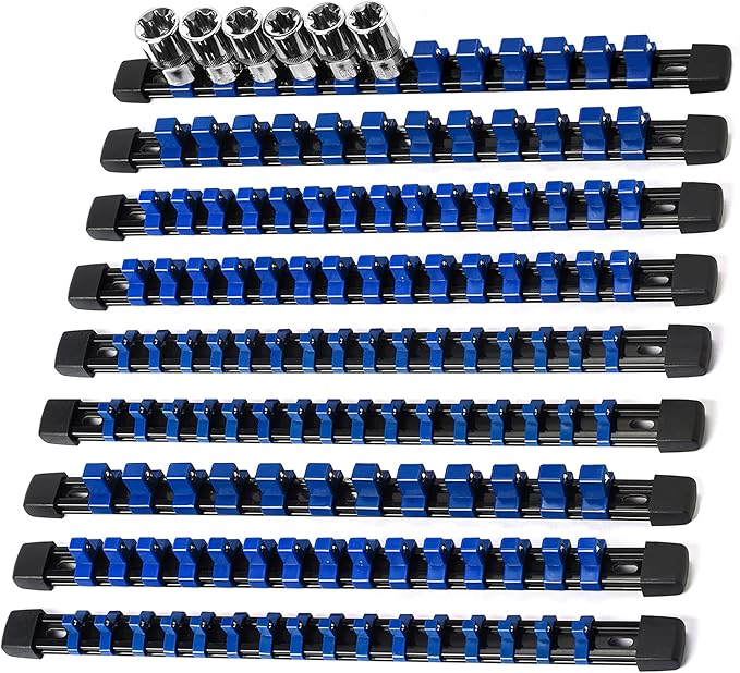 Socket Organizer Drive ABS Tools - Blue Socket Holder, Premium Quality 9 Pieces Socket Holders Kit 1/4-Inch x 48 Clips, 3/8-Inch x 45 Clips, 1/2-Inch x 36 Clips