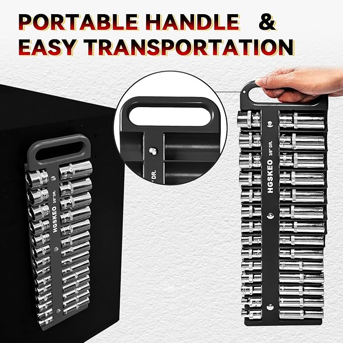 Magnetic Socket Holder Set with Handle, Portable Socket Organizer, Heavy Duty Socket Racks, 76 standard Sockets for Tool Box (Black, 3 Pcs Set-1/4", 3/8" & 1/2")