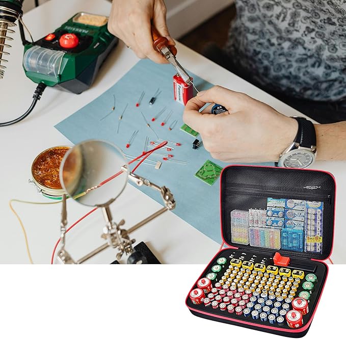ALKOO Battery Organizer Storage Holder Case Box with Tester Checker BT-168. Holds 136+ Batteries AA AAA C D Cell 9V 3V Lithium (Red)