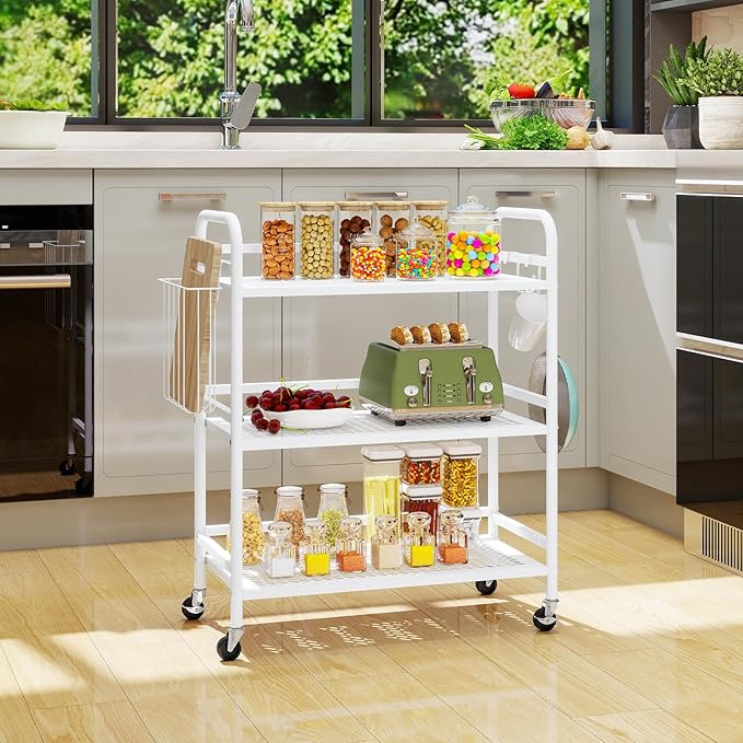HDANI 3 Tier Metal Mesh Utility Cart,Large Capacity Multipurpose Heavy Vehicle,Rolling Trolley with to Hooks and One Basket(White)