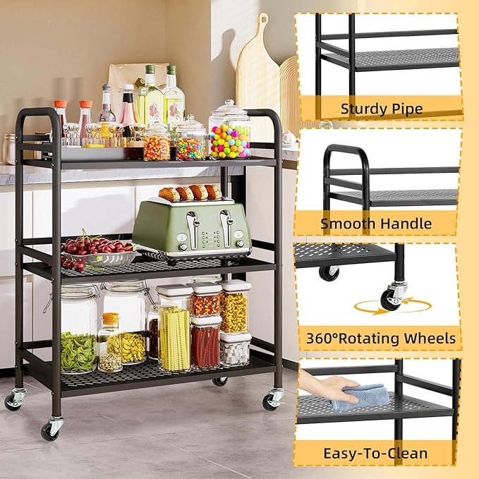 HDANI 3 Tier Metal Rolling Heavy Cart Supports 40 Lbs Per Tier,Mesh Rolling Cart with 2 Lockable Wheels for Office,Home,Bedroom,Kitchen,Bathroom(Black)