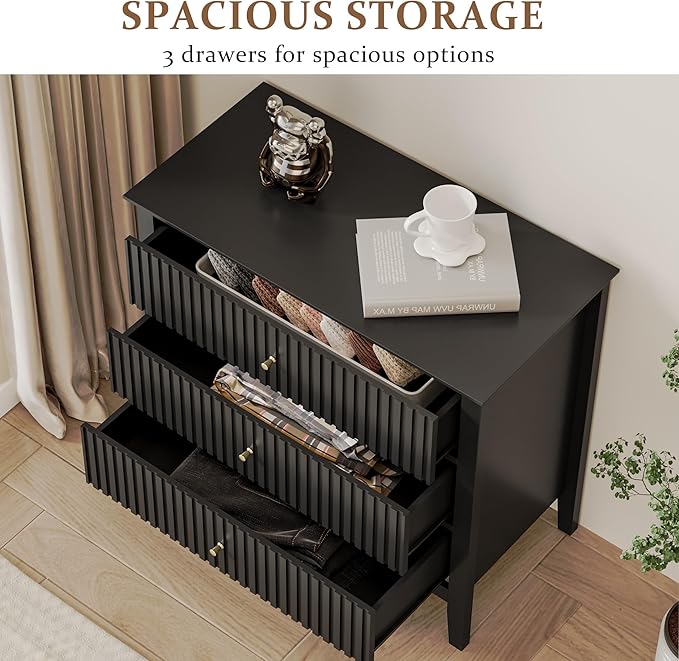 RoyalCraft Black Fluted 3 Drawer Dresser, 32 inch Wide Dresser Nightstand for Bedroom, Modern Wood Chest of Drawers, Large Painted Nightstand with 3 Drawers for Closet, Hallway, Entryway