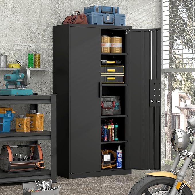 Metal Tall Storage Cabinet, Black Storage Cabinets with Doors and Shelves, 72" H File Cabinet with 4 Adjustable Shelves, Heavy Duty Locking Cabinets for Home, Office, School