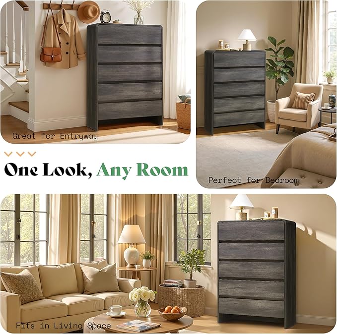 AMERLIFE 5 Drawer Dresser for Bedroom, 48" Tall Modern Chest of Storage Drawers with Rounded Corners, Anti-Tip Kit, Wood Cabinet Organizer for Closet, Apartment, Nursery, Easy Assembly, Black