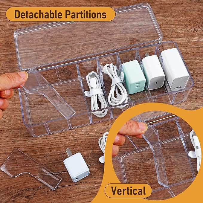 2 Pack Cable Organizer Box, Plastic Cord Storage Box with Lid, Clear Charging Cord Organizer with 8 Compartments and 20 Wire Ties, Charger Organizers for Home Office Drawer Desk Accessories
