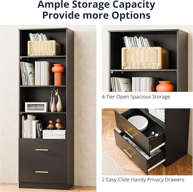 Cozy Castle 74.1'' Bookshelf,Tall Bookcase with Drawers, 4-Tier Open Bookshelf with Adjustable Storage Shelves,23.6 Inches Wide Floor Standing Bookcase for Home Office,Bedroom,Living Room,Black