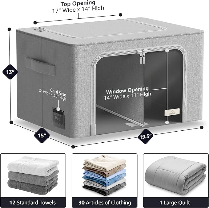 Sorbus Storage Bins with Divided Interior - Large Stackable & Foldable Organizer Containers with Metal Frame, Oxford Fabric, Large Window & Carry Handles - Organization for Bedroom, Linens & Clothes
